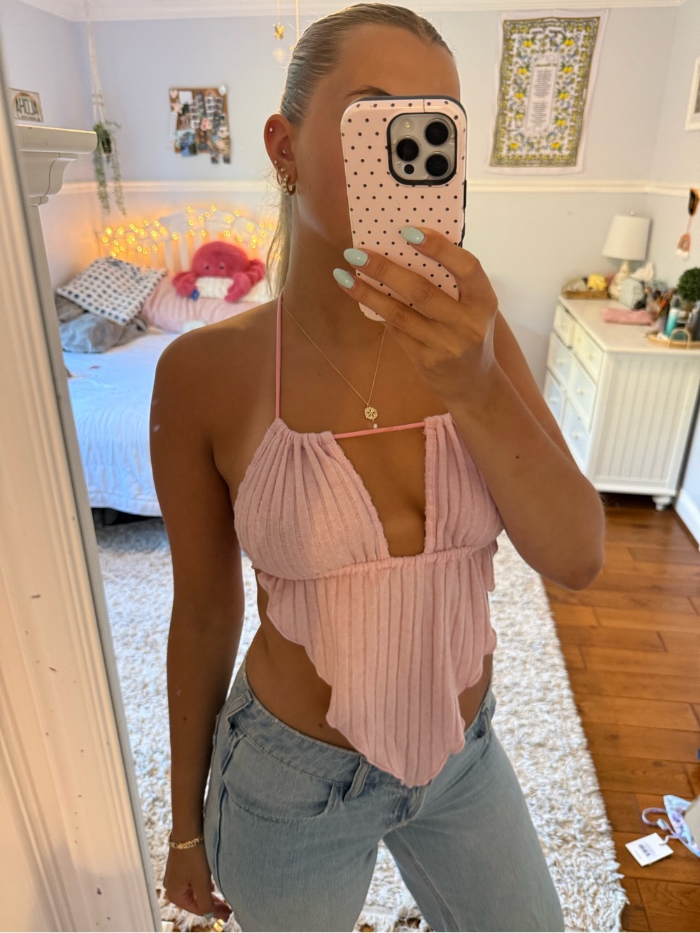 Pink Ribbed Halter Scarf-Style Crop Top - Picture 2 of 3